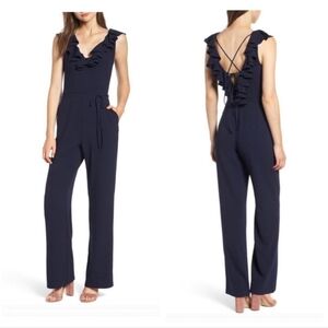 WAYF navy blue ruffle-trim jumpsuit. Small